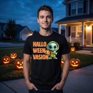 black t-shirt printed with a green alien in a lime hoodie holding a carved pumpkin beside the stacked orange letters hallo ween vasion, worn by a man outside at night