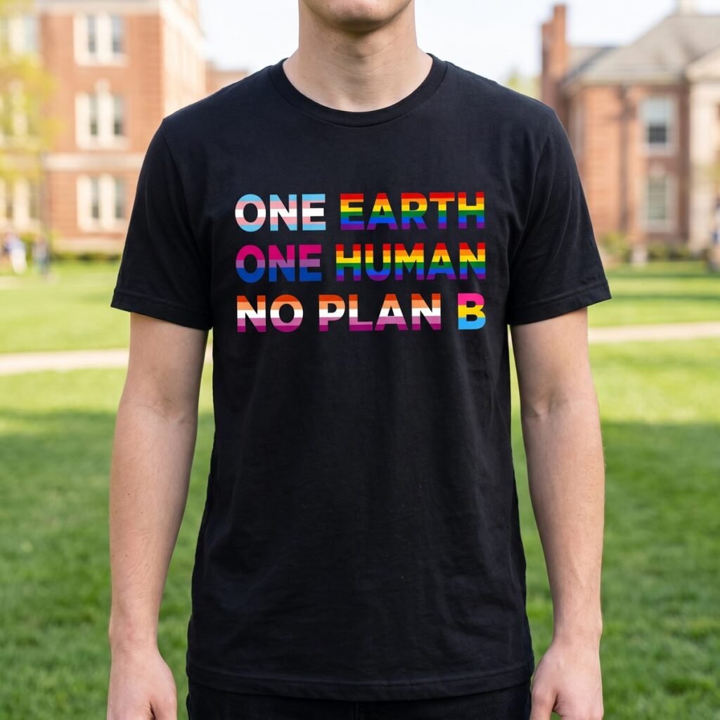 Student on a campus lawn wearing a black tee printed with three lines of heavy capitals, One Earth One Human No Plan B, each word in a different rainbow gradient