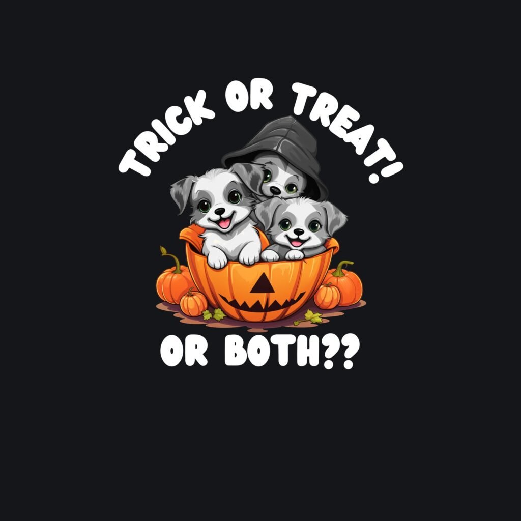 the Trick or Treat, Or Both, Three Puppies in a Pumpkin design shown on its own, printed white and colour on black