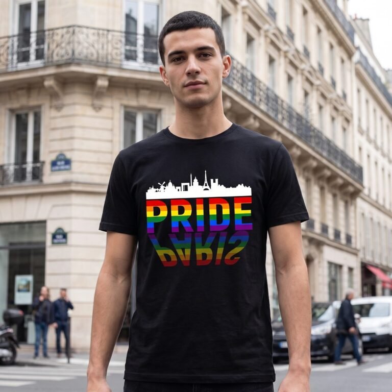 Man on a Paris street wearing a black tee printed with the Paris skyline in white above the word Pride in rainbow capitals and its reflection