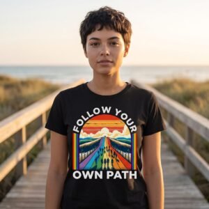 Woman on a coastal boardwalk at golden hour wearing a black tee printed with a retro sunset arch and a rainbow road running to the horizon, reading Follow Your Own Path