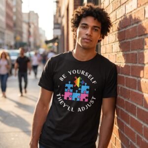 Man against a sunlit brick wall wearing a black tee printed with four puzzle pieces and a rainbow piece lifting out, ringed by the words Be Yourself They'll Adjust