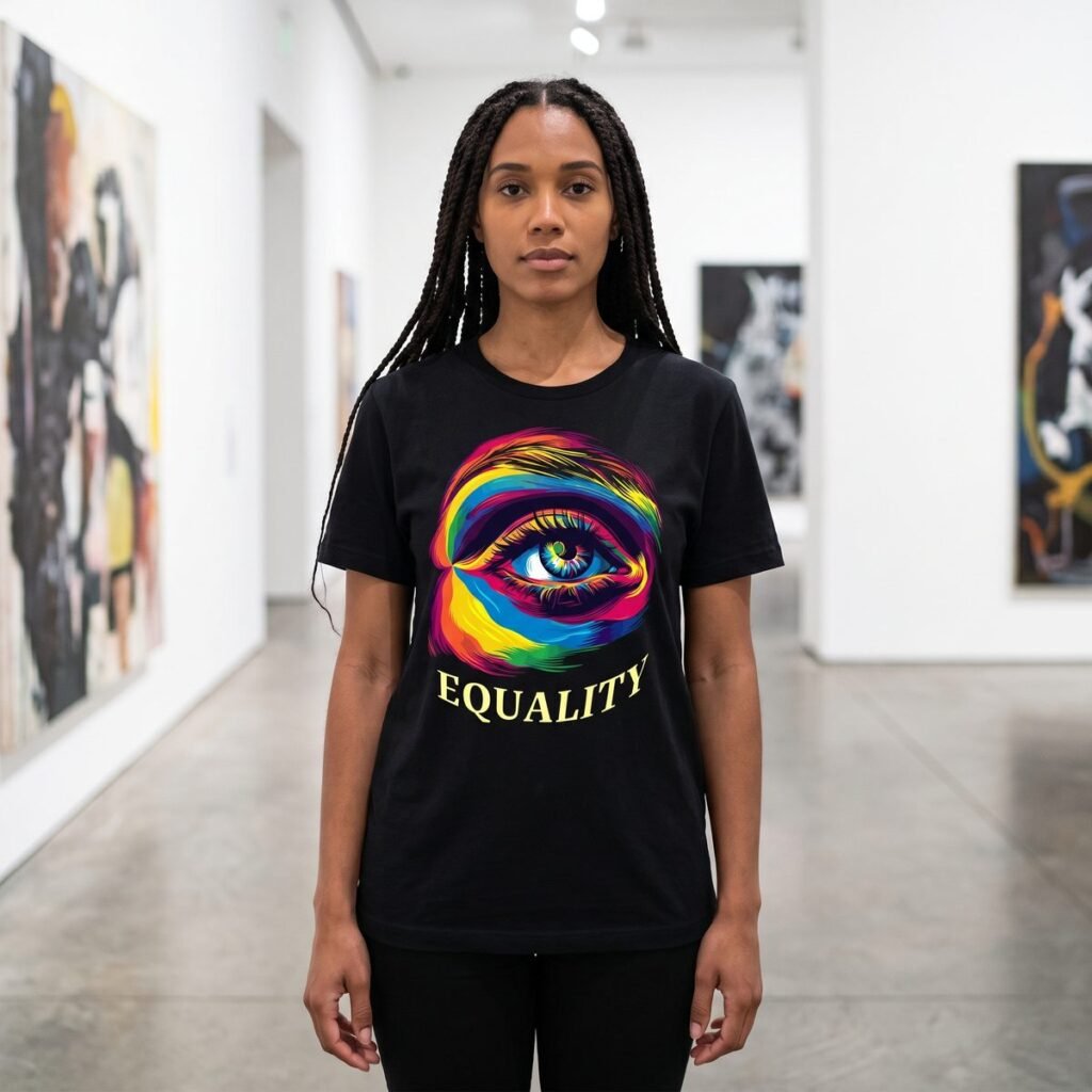 Woman in a white gallery corridor wearing a black tee printed with a close-up human eye painted in rainbow strokes above the word Equality in pale serif