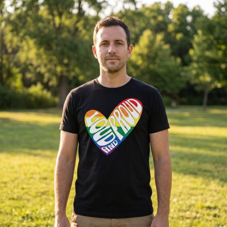 Man on a sunlit park lawn wearing a black tee printed with a heart built entirely from the words Loud and Proud in rainbow letter blocks