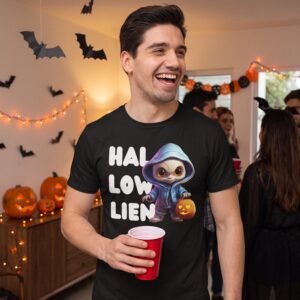 black t-shirt printed with a small alien in a blue hoodie holding a lit jack-o-lantern bucket beside the stacked letters hal low lien, worn by a man at a Halloween party