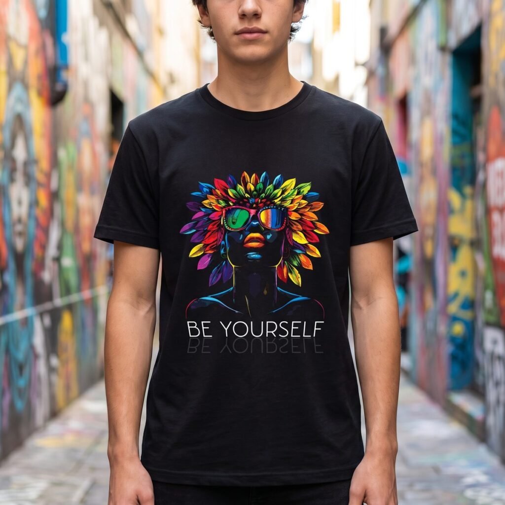 Person in a mural-covered alley wearing a black tee printed with a black profile in mirrored sunglasses under a crown of rainbow feathers, above Be Yourself