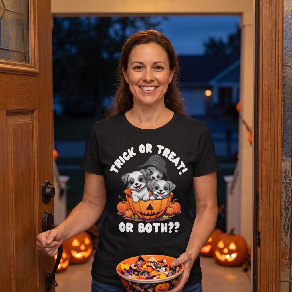 black t-shirt printed with three grey and white puppies sitting inside a carved jack-o-lantern under the words trick or treat and or both, worn by a woman on a decorated porch