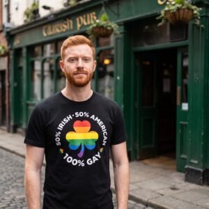 Red-haired man outside a green Irish pub wearing a black tee printed with a rainbow shamrock with heart-shaped leaves, ringed by 50% Irish 50% American 100% Gay