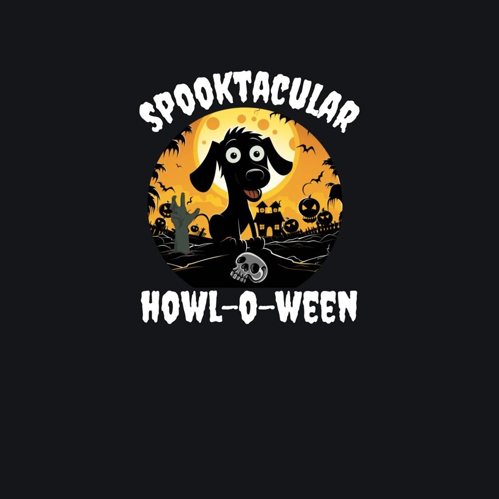 the Spooktacular Howl-o-ween, Graveyard Puppy design shown on its own, printed white and colour on black