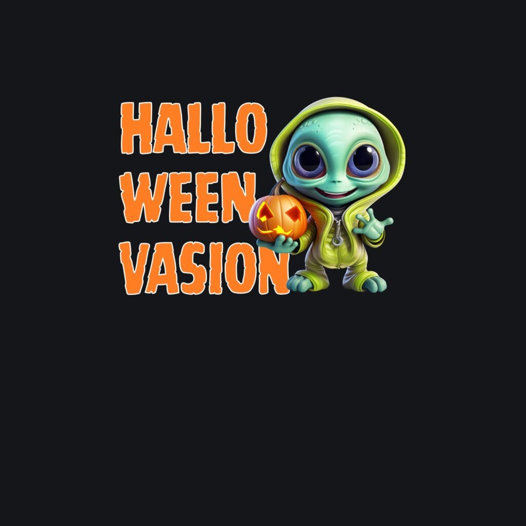 the Halloweenvasion, Green Alien With a Jack-o-Lantern design shown on its own, printed white and colour on black