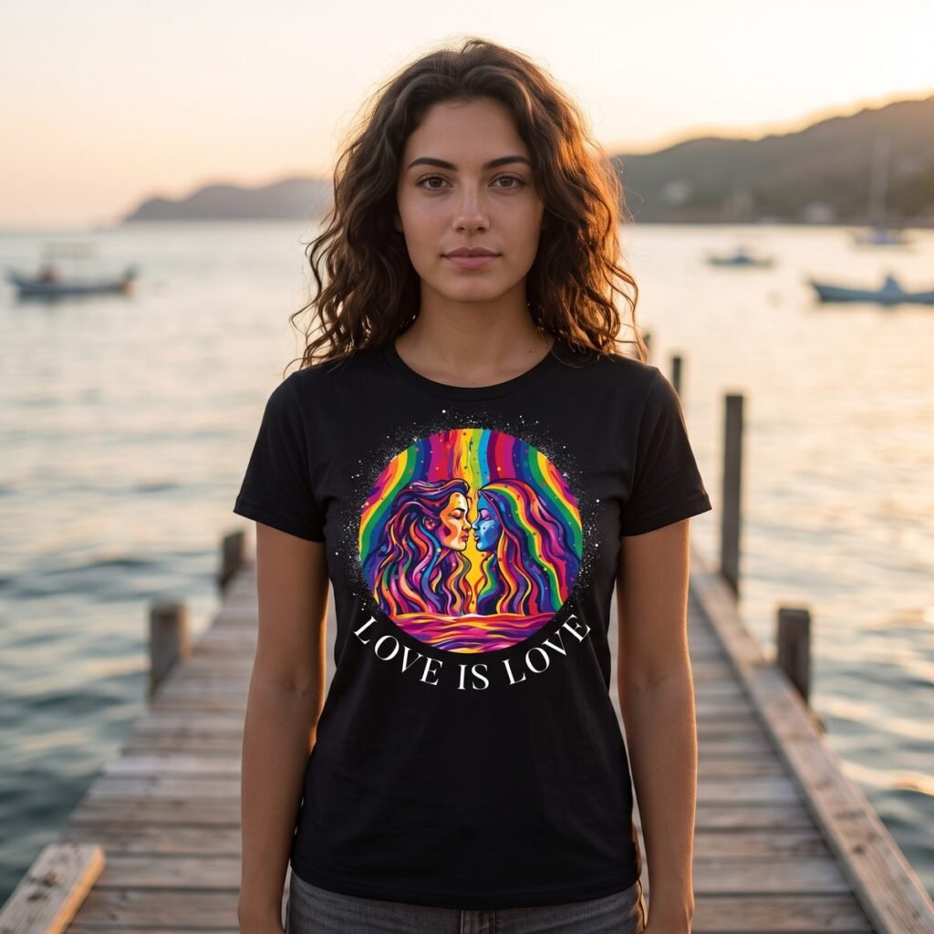 Woman on a pier at sunset wearing a black tee printed with two women facing each other inside a starry circle, their hair flowing in rainbow ribbons, above Love Is Love