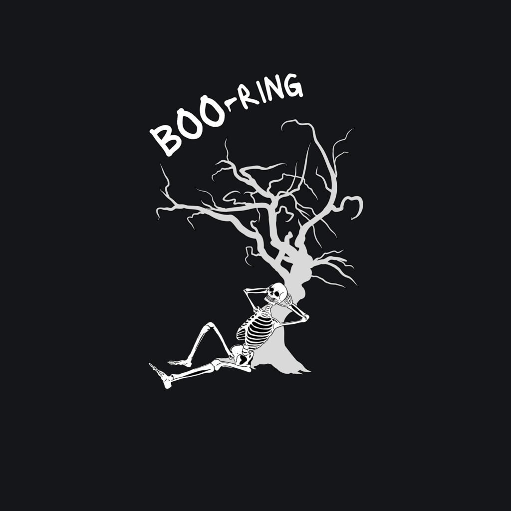 the BOO-ring, Bored Skeleton Under a Dead Tree design shown on its own, printed white and colour on black