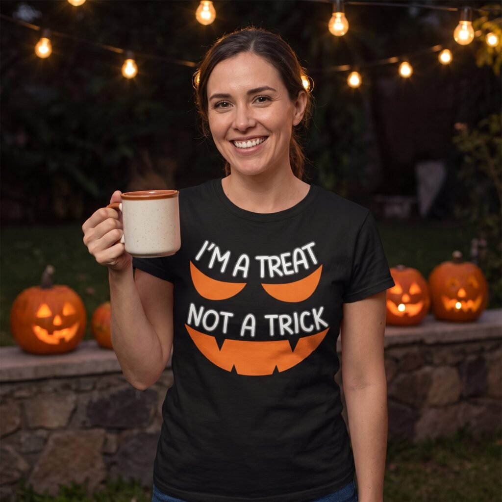 black t-shirt printed with a large orange carved pumpkin face reading I am a treat not a trick, worn by a woman at an evening Halloween gathering