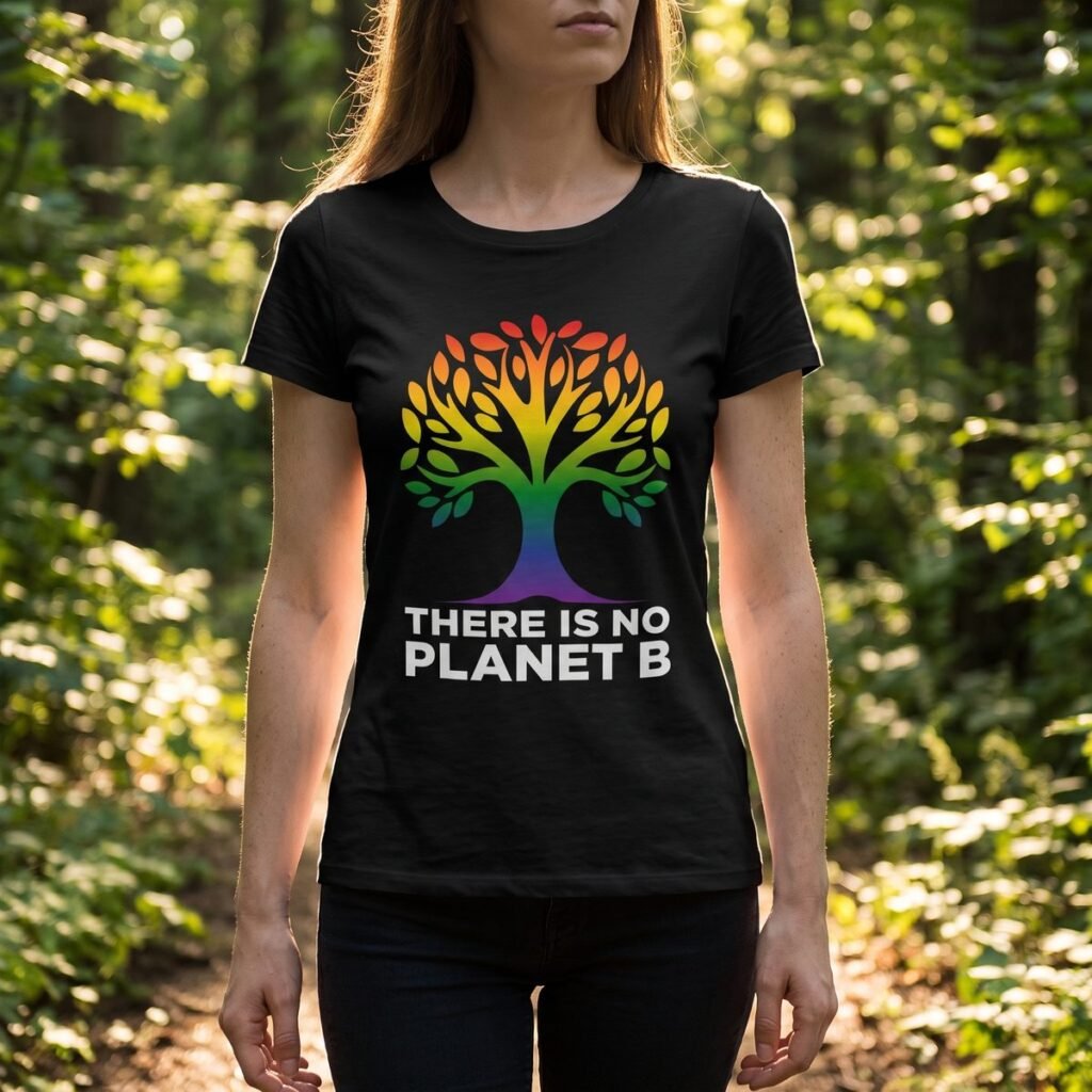 Woman on a forest trail wearing a black tee printed with a tree whose canopy runs from red at the crown to violet at the roots, above There Is No Planet B