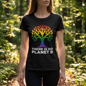 Woman on a forest trail wearing a black tee printed with a tree whose canopy runs from red at the crown to violet at the roots, above There Is No Planet B