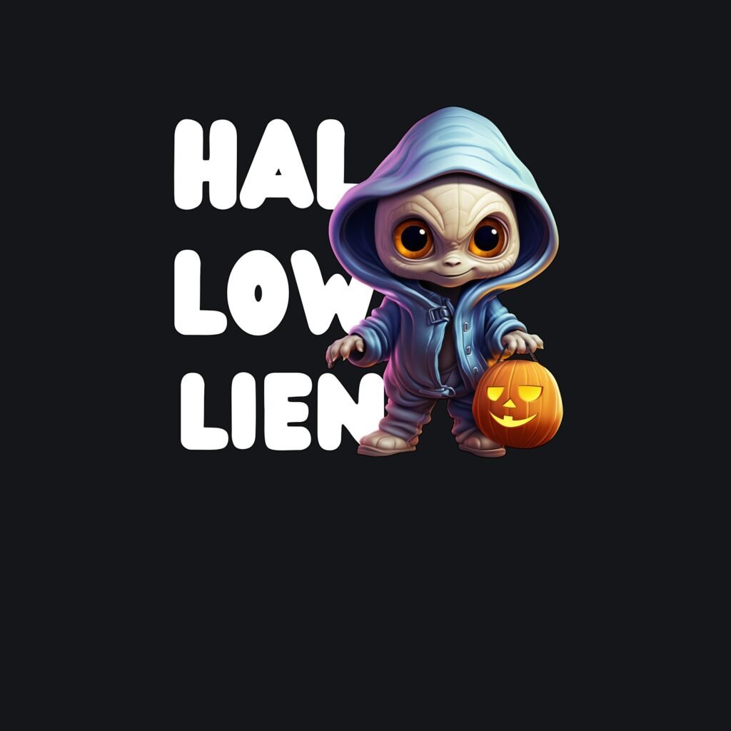 the Hallowlien, Hooded Alien With a Pumpkin design shown on its own, printed white and colour on black