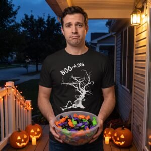 black t-shirt printed with a skeleton leaning against a bare dead tree and the word BOO-RING brushed above it, worn by a man in his thirties handing out candy on an American porch at dusk