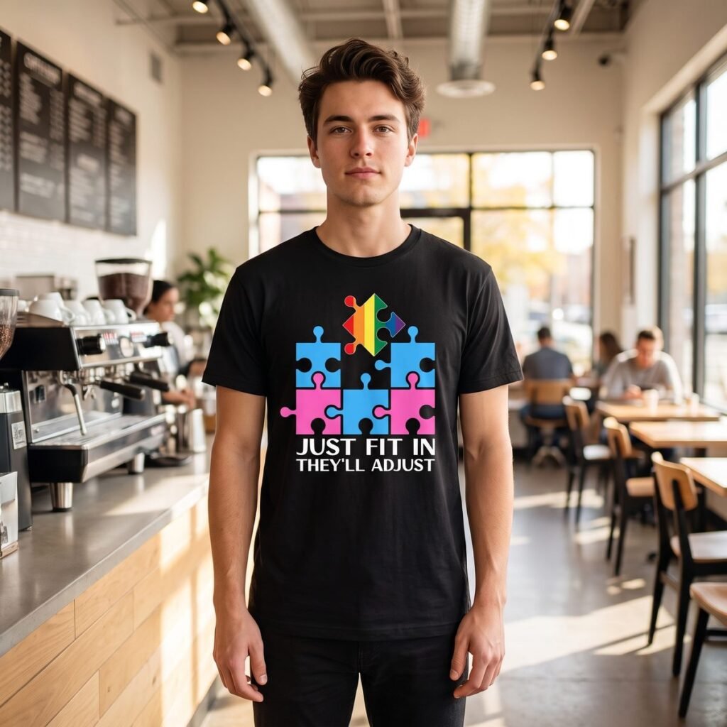 Person in a bright coffee shop wearing a black tee printed with pink and blue puzzle pieces and a loose rainbow piece above the words Just Fit In They'll Adjust