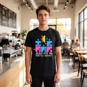 Person in a bright coffee shop wearing a black tee printed with pink and blue puzzle pieces and a loose rainbow piece above the words Just Fit In They'll Adjust