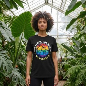 Woman in a botanical glasshouse wearing a black tee printed with a globe banded in rainbow, ringed by One Earth One Human No Planet B
