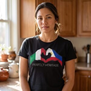 Woman of Filipino and Italian heritage in a family kitchen wearing a black tee printed with two hands forming a heart, the left in the green, white and red of Italy, the right in the flag of the Philippines, above the words Perfect Heritage