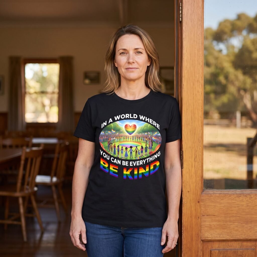 Woman in a community hall doorway wearing a black tee printed with a circle of people holding hands in a field under a rainbow heart, reading In A World Where You Can Be Everything Be Kind