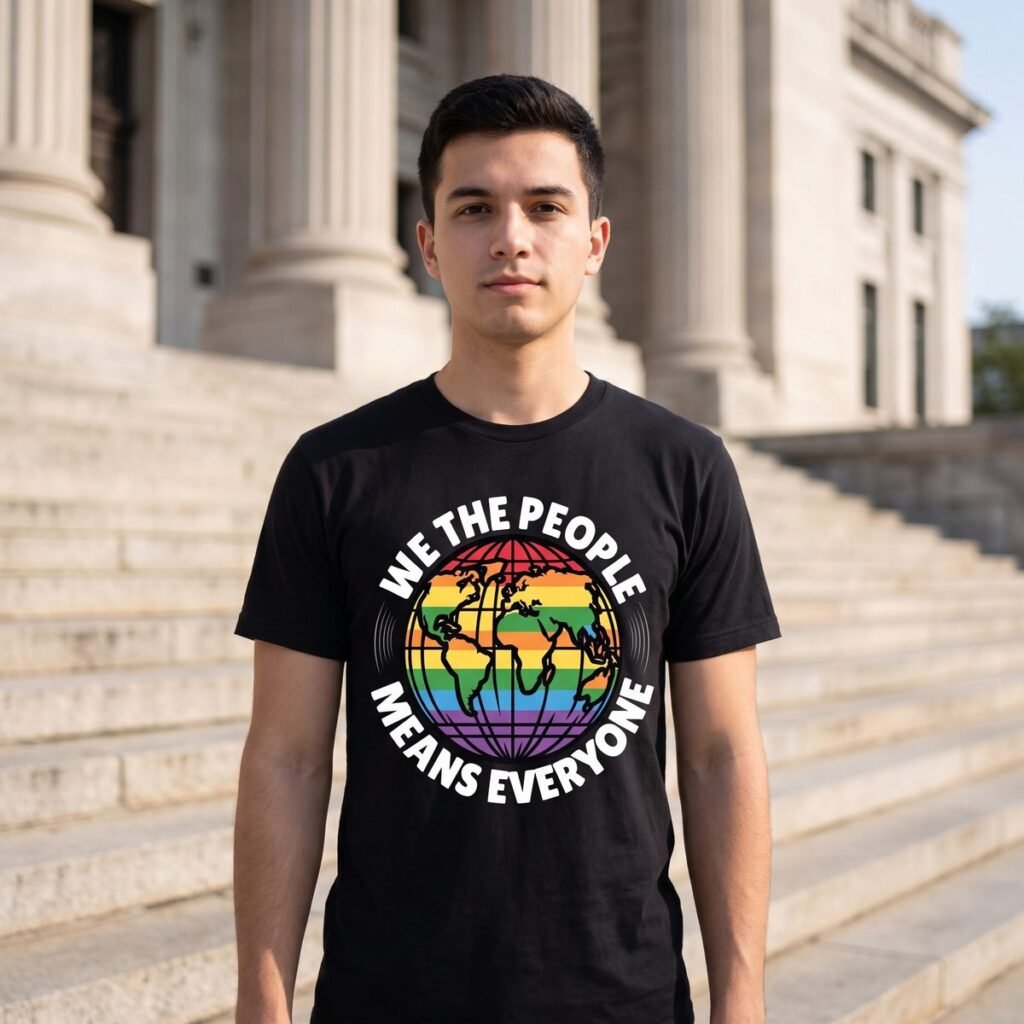 Man on the steps of a civic building wearing a black tee printed with a globe banded in rainbow inside a ring reading We The People Means Everyone