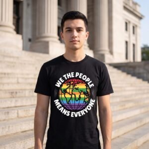 Man on the steps of a civic building wearing a black tee printed with a globe banded in rainbow inside a ring reading We The People Means Everyone