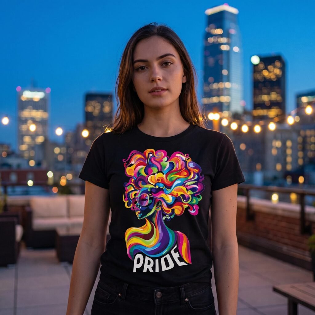 Woman on a rooftop at dusk wearing a black tee printed with a profile whose hair is a mass of rainbow curls, with the word Pride set inside them