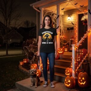 black t-shirt printed with a wide-eyed puppy in a moonlit graveyard under the words spooktacular and howl-o-ween, worn by a woman in her thirties on a porch decorated for Halloween