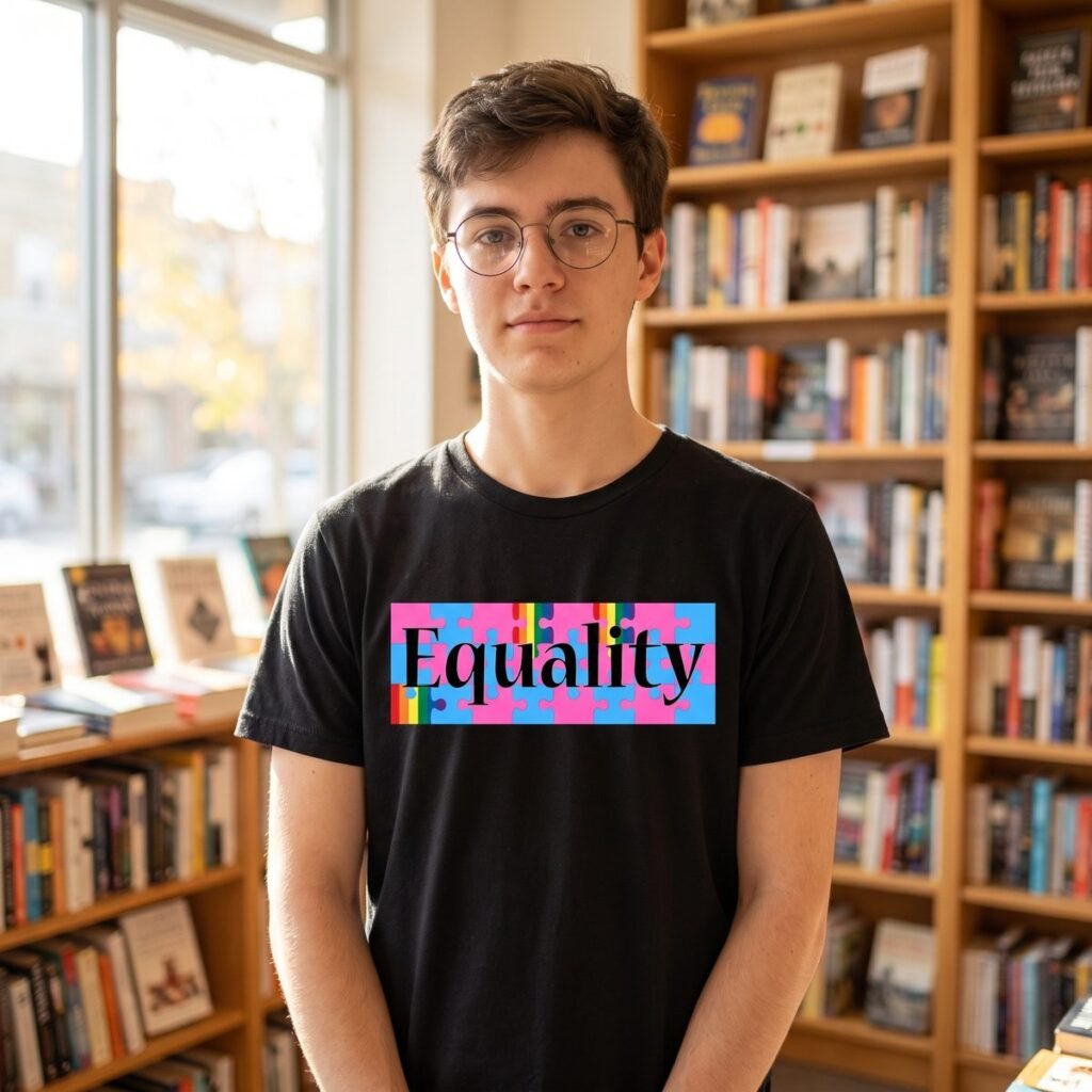 Person with glasses in a bookshop wearing a black tee printed with a block of rainbow puzzle pieces and the word Equality in a black serif