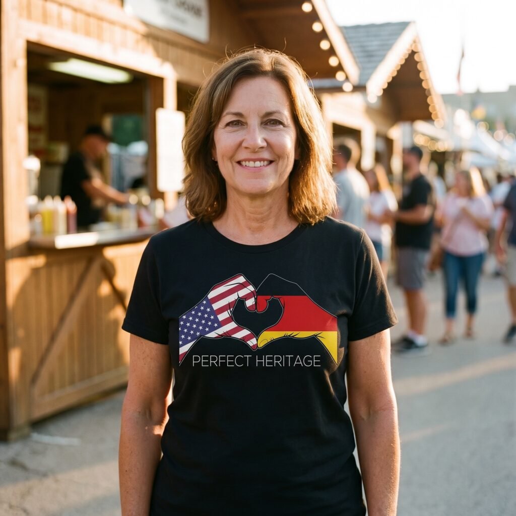 Woman wearing a black tee at a German American festival, printed with two hands forming a heart, the Stars and Stripes on the left hand and the black red and gold of Germany on the right, above the words Perfect Heritage