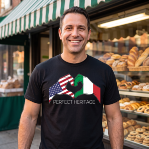Man wearing a black tee outside a Brooklyn bakery, printed with two hands forming a heart, the Stars and Stripes on the left hand and the green white and red of Italy on the right, above the words Perfect Heritage