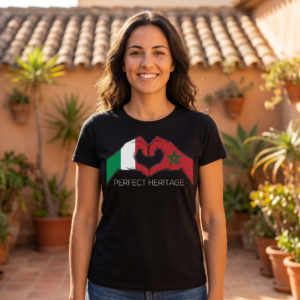 Woman wearing a black tee in a tiled courtyard, printed with two hands forming a heart, the green white and red of Italy on the left hand and the red flag of Morocco with its green interlaced star on the right, above the words Perfect Heritage