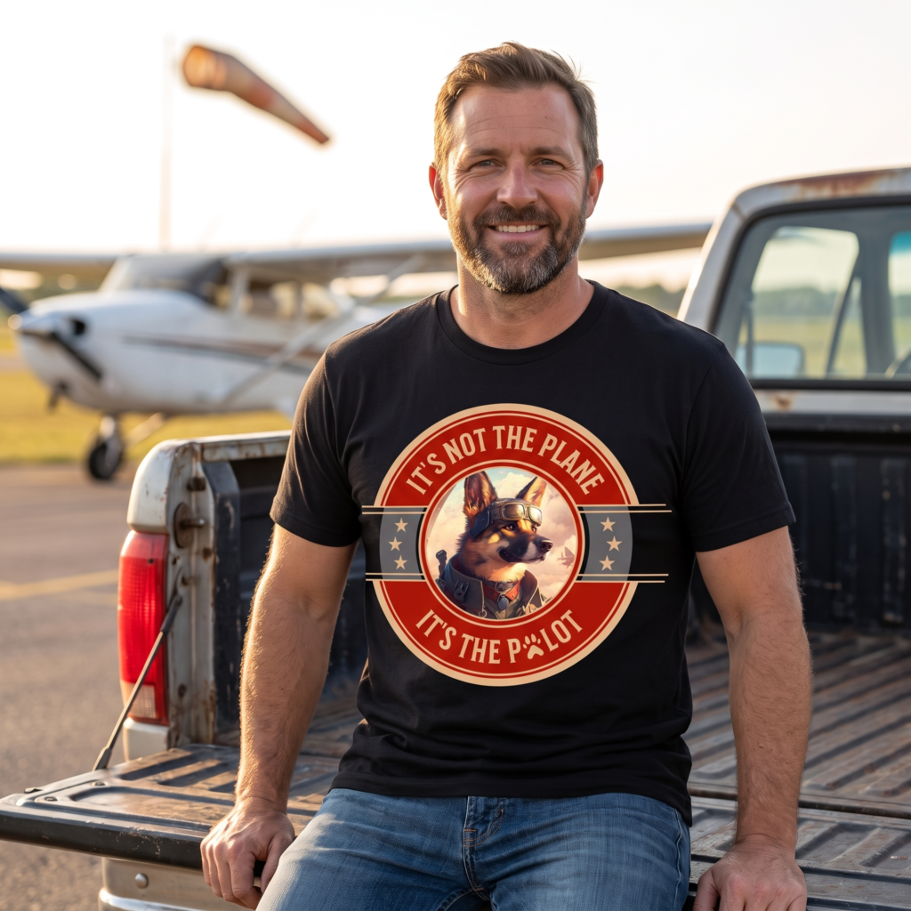 Man wearing a black tee at an airfield, printed with a red and cream medallion of a German Shepherd in aviator goggles, reading It's not the plane it's the pilot with a paw print in place of the letter I