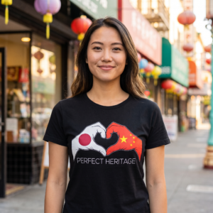 Woman wearing a black tee on a Chinatown street, printed with two hands forming a heart, the Japanese flag on the left hand and the Chinese flag on the right, above the words Perfect Heritage