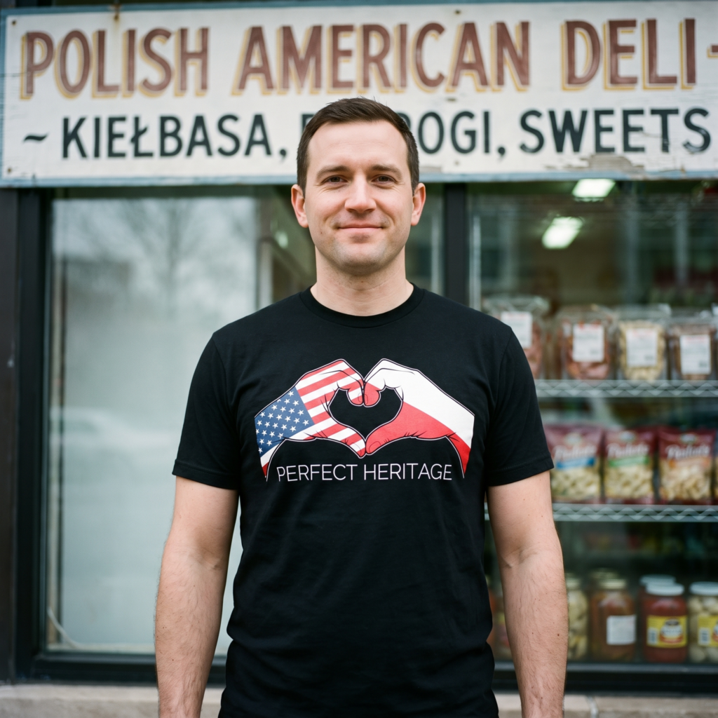 Man wearing a black tee outside a Chicago Polish deli, printed with two hands forming a heart, the Stars and Stripes on the left hand and the white and red of Poland on the right, above the words Perfect Heritage