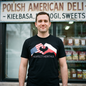 Man wearing a black tee outside a Chicago Polish deli, printed with two hands forming a heart, the Stars and Stripes on the left hand and the white and red of Poland on the right, above the words Perfect Heritage
